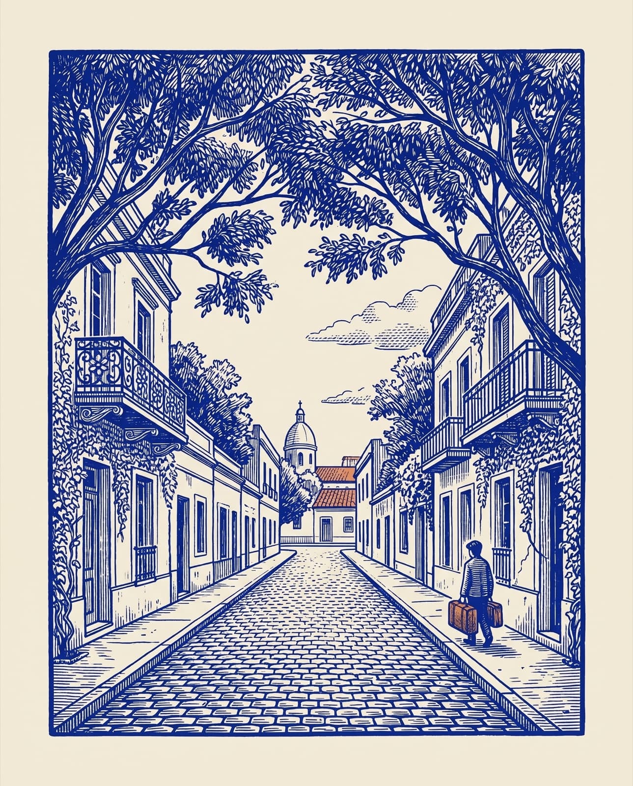 Calle de Buenos Aires con balcones, jacarandás y figura solitaria con valija, ilustración grabada en azul cobalto sobre papel crema